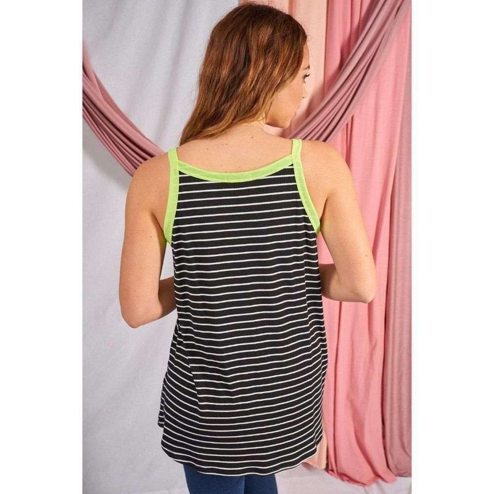 SALE! WHITE BIRCH Clothing Striped Black and White Lime Tank Neon Trim T1657XL - Picture 3 of 7